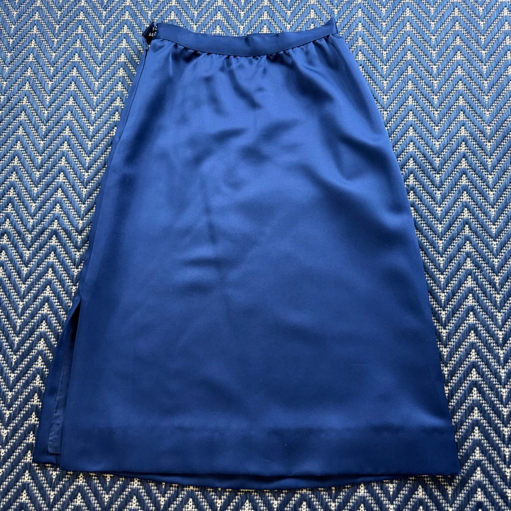 Victoria Royal Ltd Satin Midi Skirt Womens 8 Navy Blue Vintage Side Slit A-Line